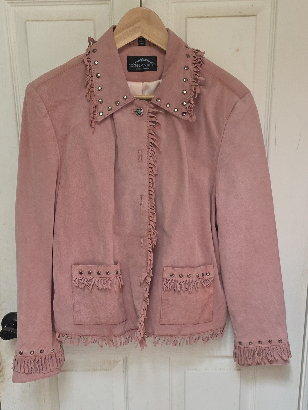 Montanaco Women's Dusty Pink Suede Fringe & Stud Leather Jacket